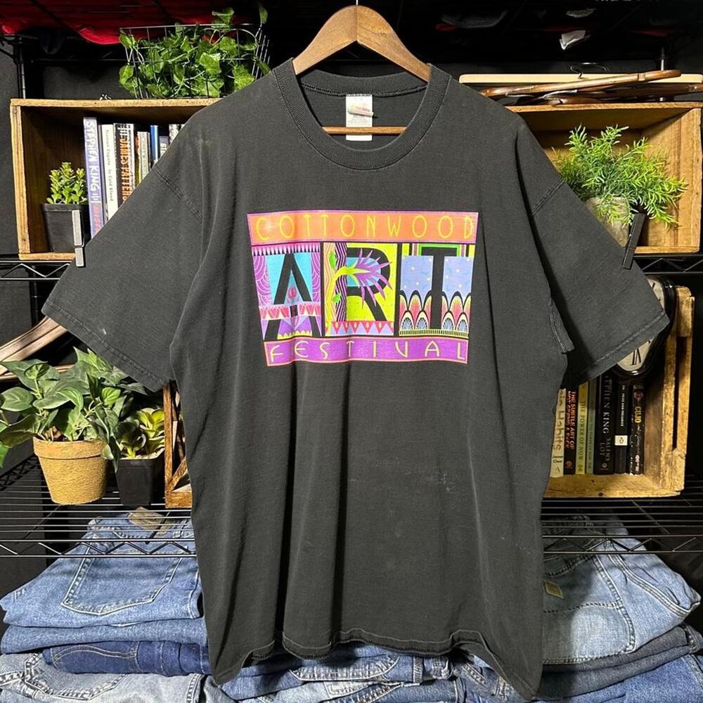 Vintage 90s Cottonwood Art Festival Tee Mens XL Black Colorful Shirt